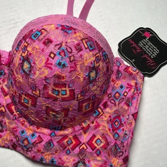 BLACK FUCHSIA Bra 36B Push Up Wide Band Stretch Lace Pink Geo Print Underwire - Picture 3 of 11